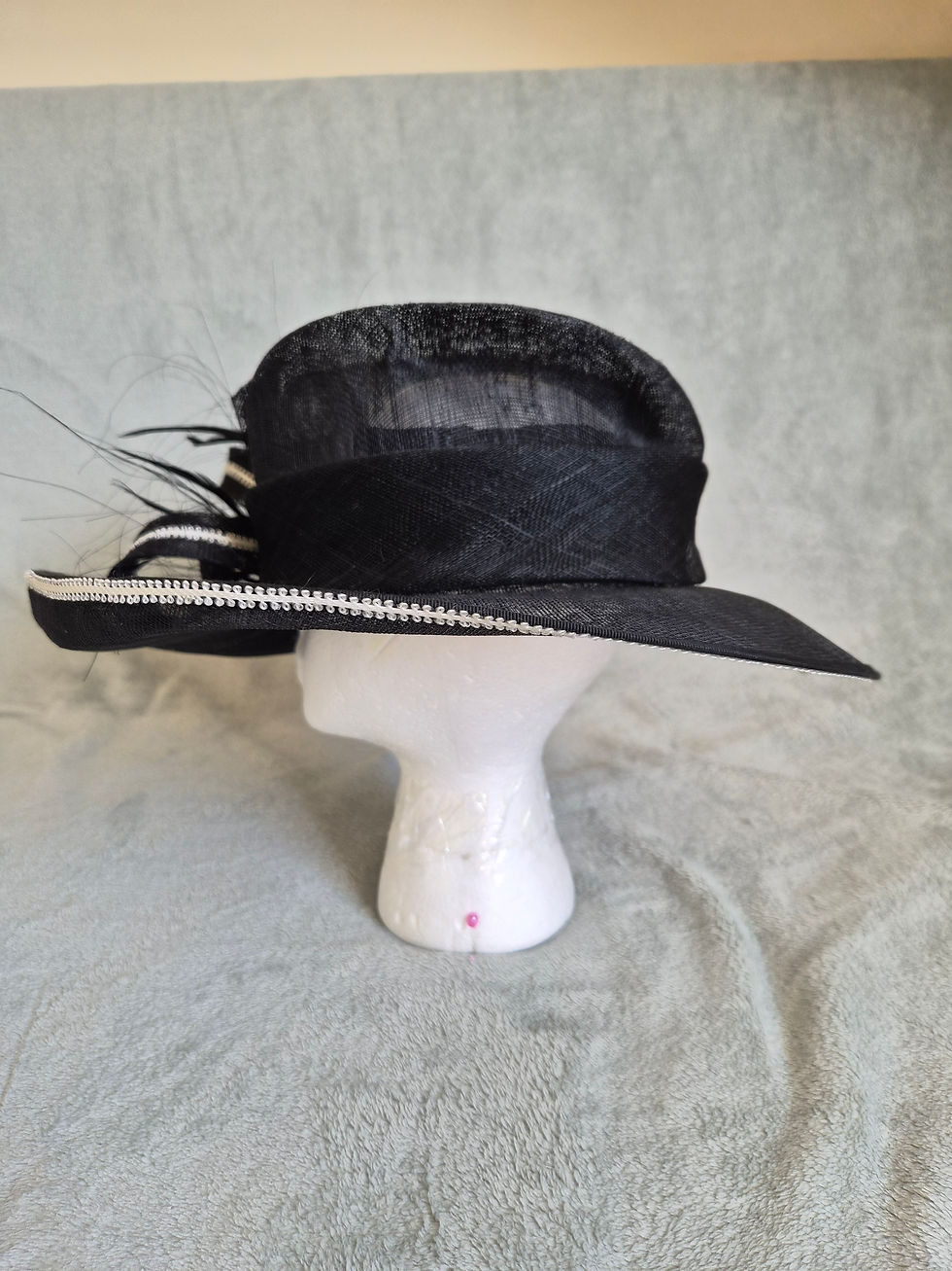Thumbnail: H123 - Sophisticated Black Occasion Hat with Ivory Trim & Feather Detail