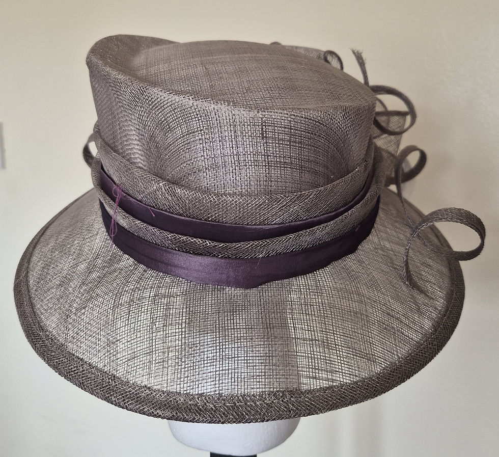 Thumbnail: H145 - Grey Sinamay Occasion Hat with Lilac Ribbon & Statement Bow Detail