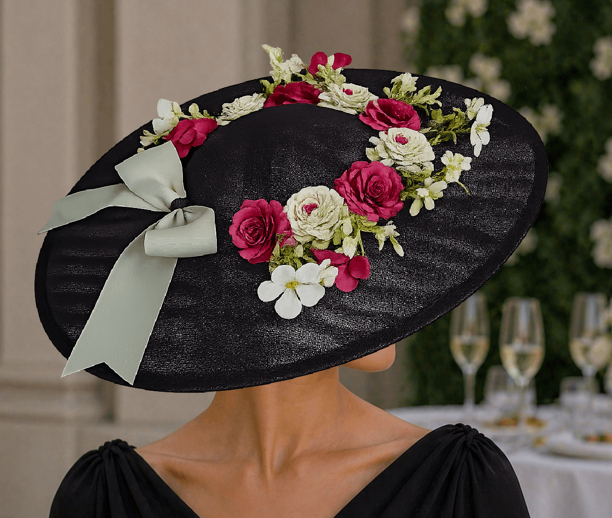 F81 - Bespoke Large Floral Disc Fascinator – Black with Burgundy & Sage Flowers