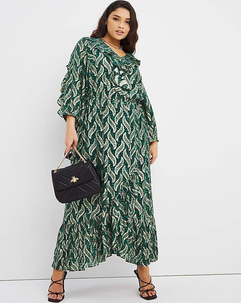 Thumbnail: Women Green print colour Foil Print Ruffle Long Seleeve Maxi Long Size 16