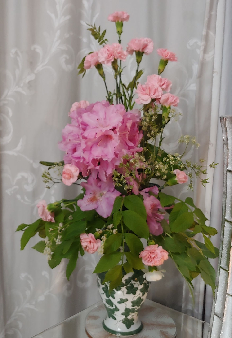 Thumbnail: Large Artificial Pink Carnation/ foliage Triangle Symmetrical Arrangement 