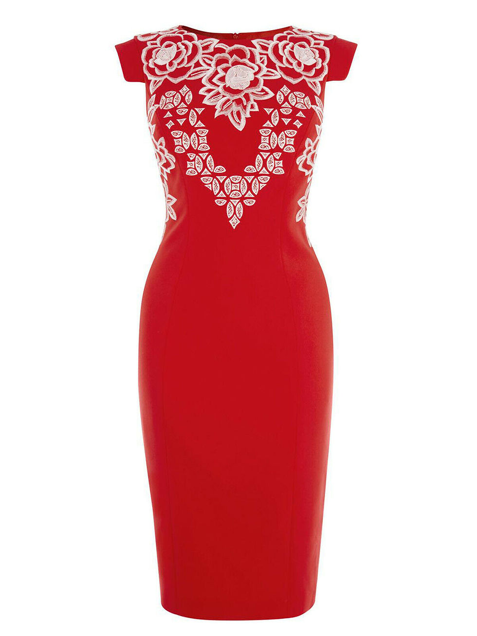 Thumbnail: KAREN MILLEN RED EMBROIDERED OCCASION EVENING SHIFT PENCIL DRESS 6  RRP £215