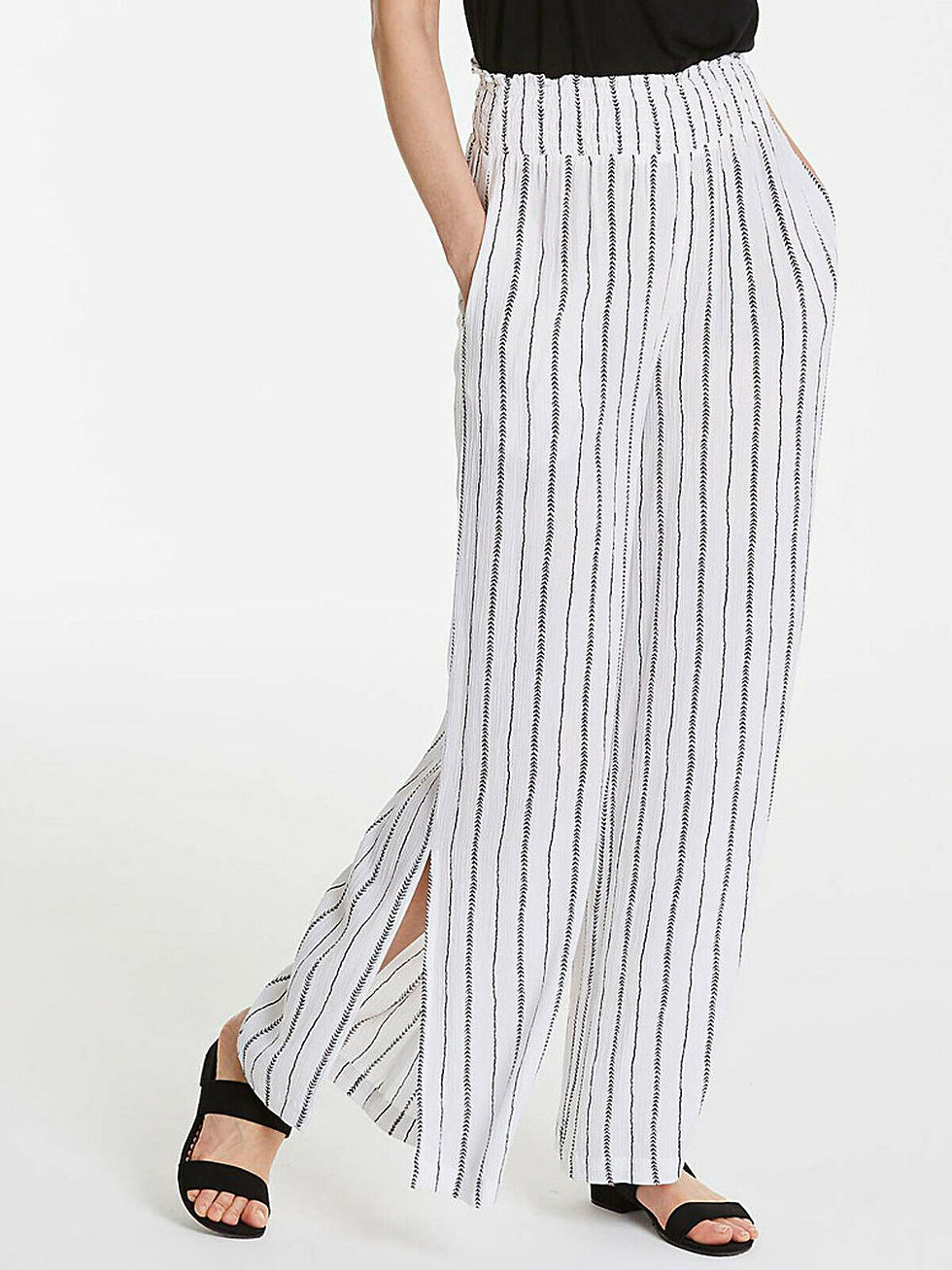 Thumbnail: Ladies Ex Anthology IVORY BLACK Printed Shirred Waist Wide Leg Trouser UK 22 -26