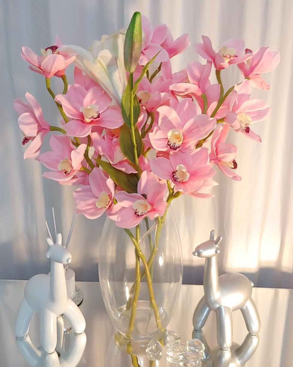Thumbnail: Large Pink Lily and Orchid Flower in a clear Vase Home Decor 65cm