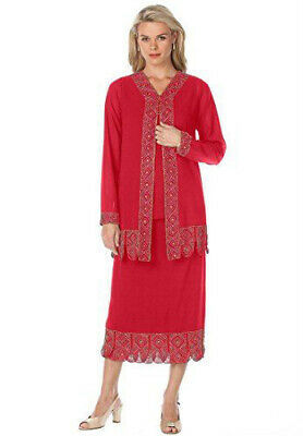 RUBY-RED Bead & Sequin Embellished Top,Duster,Jacket &Skirt Suit Set Size 16- 42