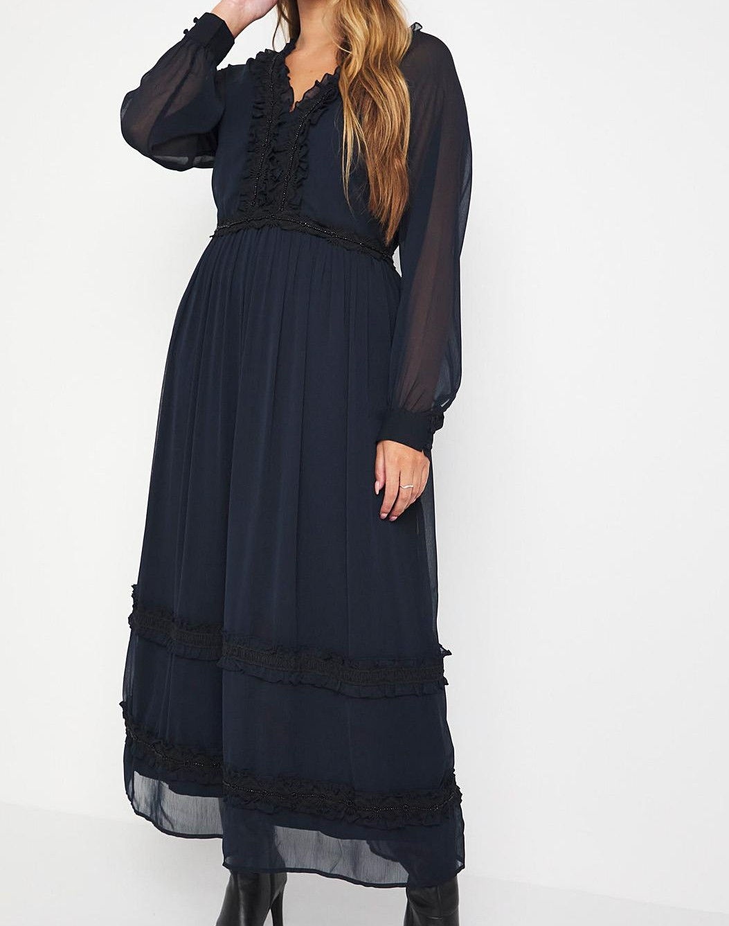 #Women Navy Lace Frill Maxi Dress UK Plus Size 10