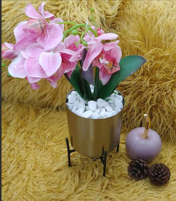 20"Real Touch Pink Orchid in Golden Planter Pot filled with Pebble Stone