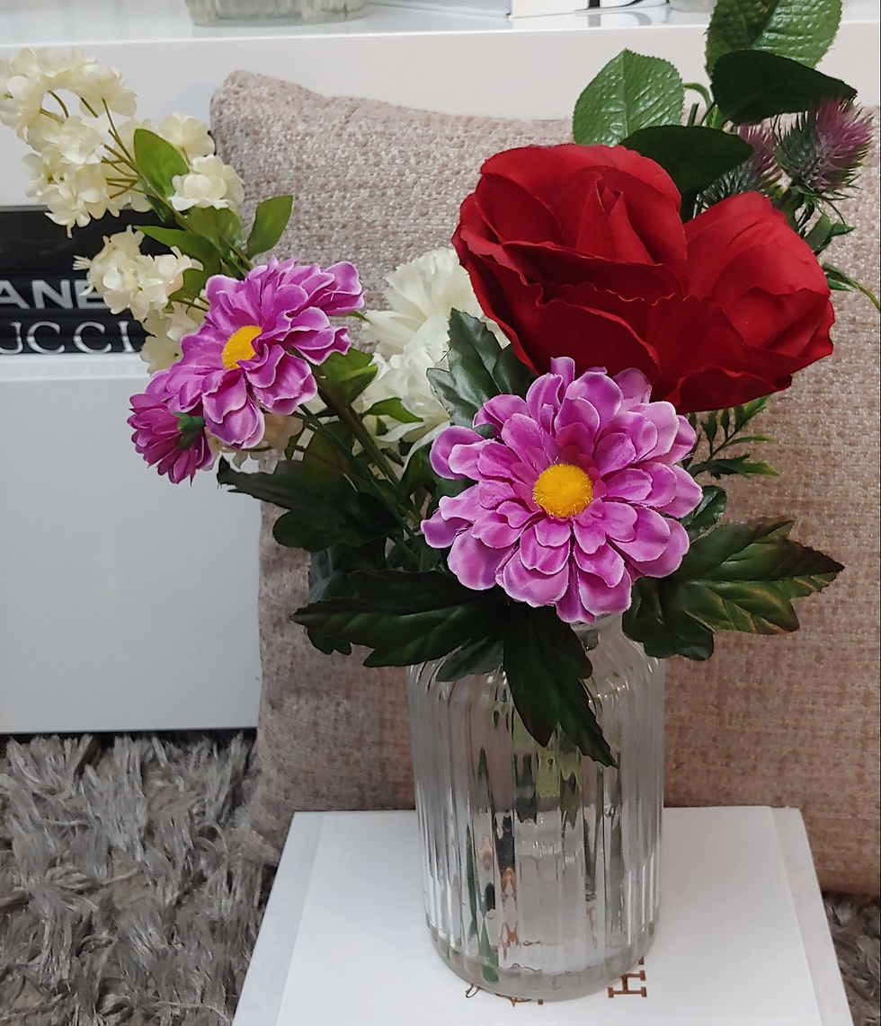Thumbnail: Luxury Bouquet Faux Flower/ Roses/Lavender/Blue Daisy in Clear Ribbed Glass  