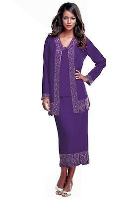 Thumbnail: GRAPE Bead & Sequin Embellished Top, Duster, Jacket &Skirt Suit Set Size 16- 42
