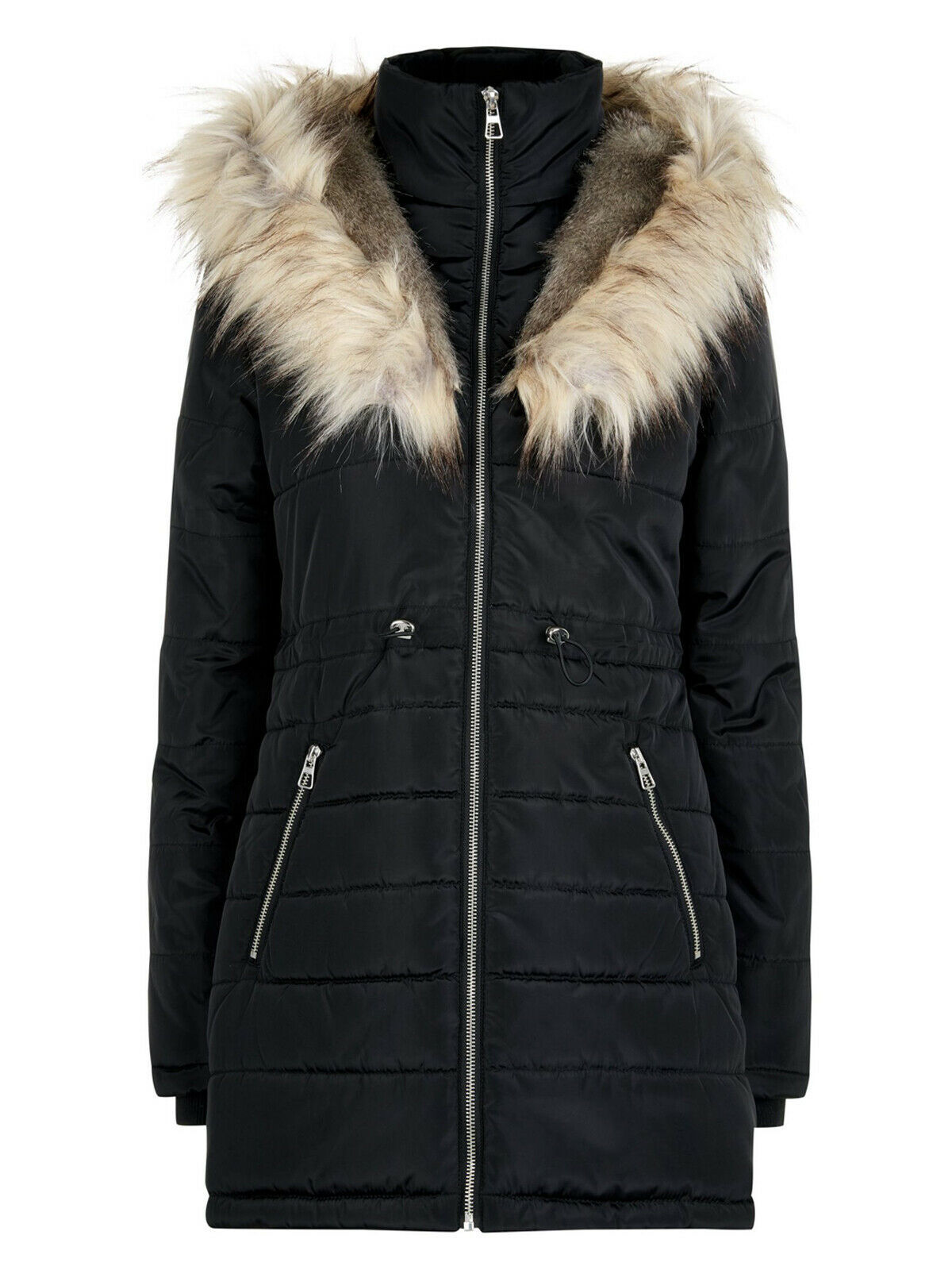 Ladies/Women Ex New Look BLACK Hooded Faux Fur Trim Puffer Coat Jacket Size 8