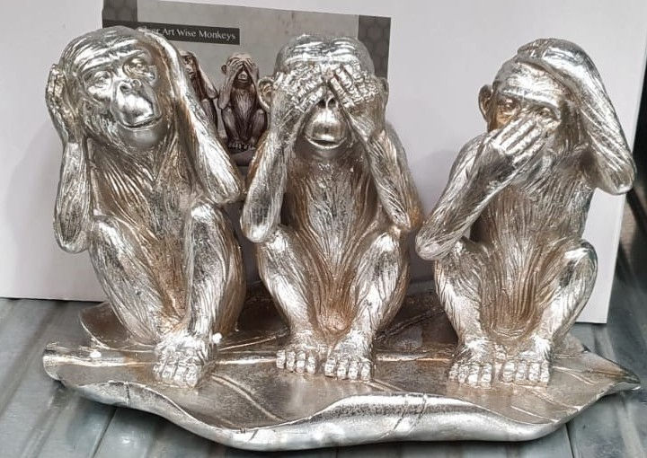 Thumbnail: Three wise monkeys sitting on leaf silver ornaments for home decor