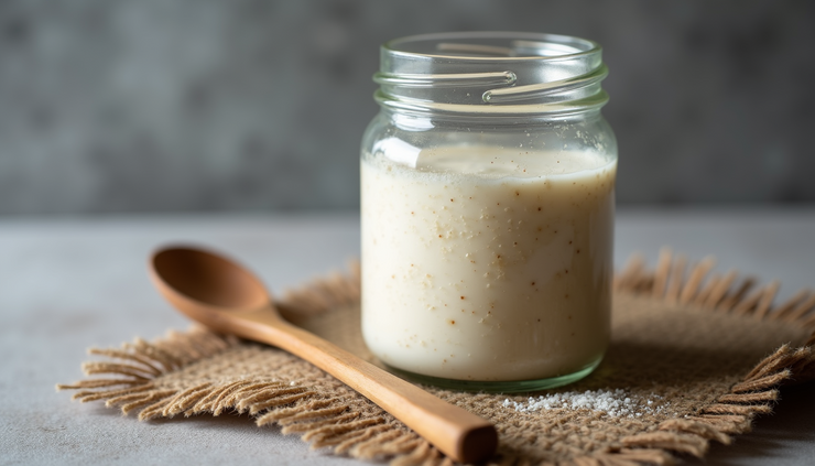Eye-level view of a gluten free sourdough starter jar with a wooden spoon beside it