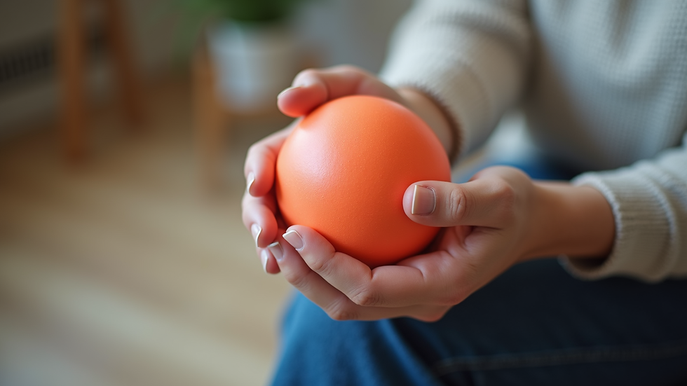 Close-up view of a caregiver’s hand holding a stress ball during a support group session