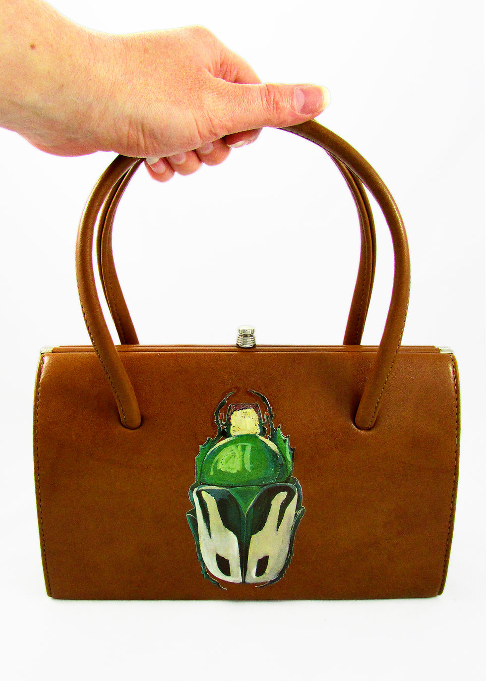 Thumbnail: 'Fat Green & Cream Beetle' Tan Leather Up-cycled Vintage Handbag