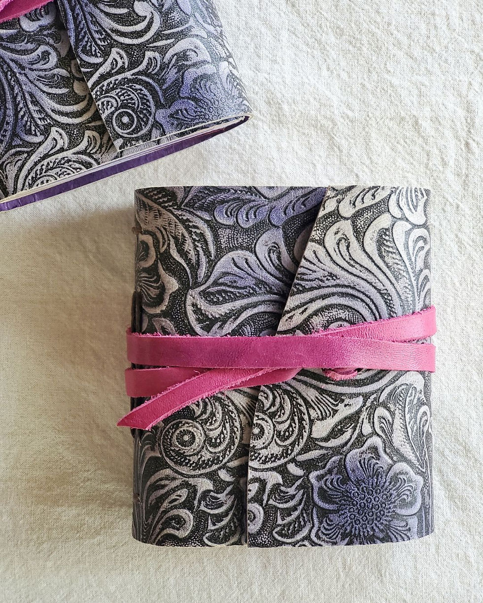 Thumbnail: mauve purple small leather journal with leather strap