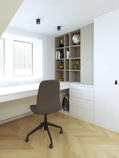 Vizualizace interiéru v minimalistickém, ale útulném stylu. 