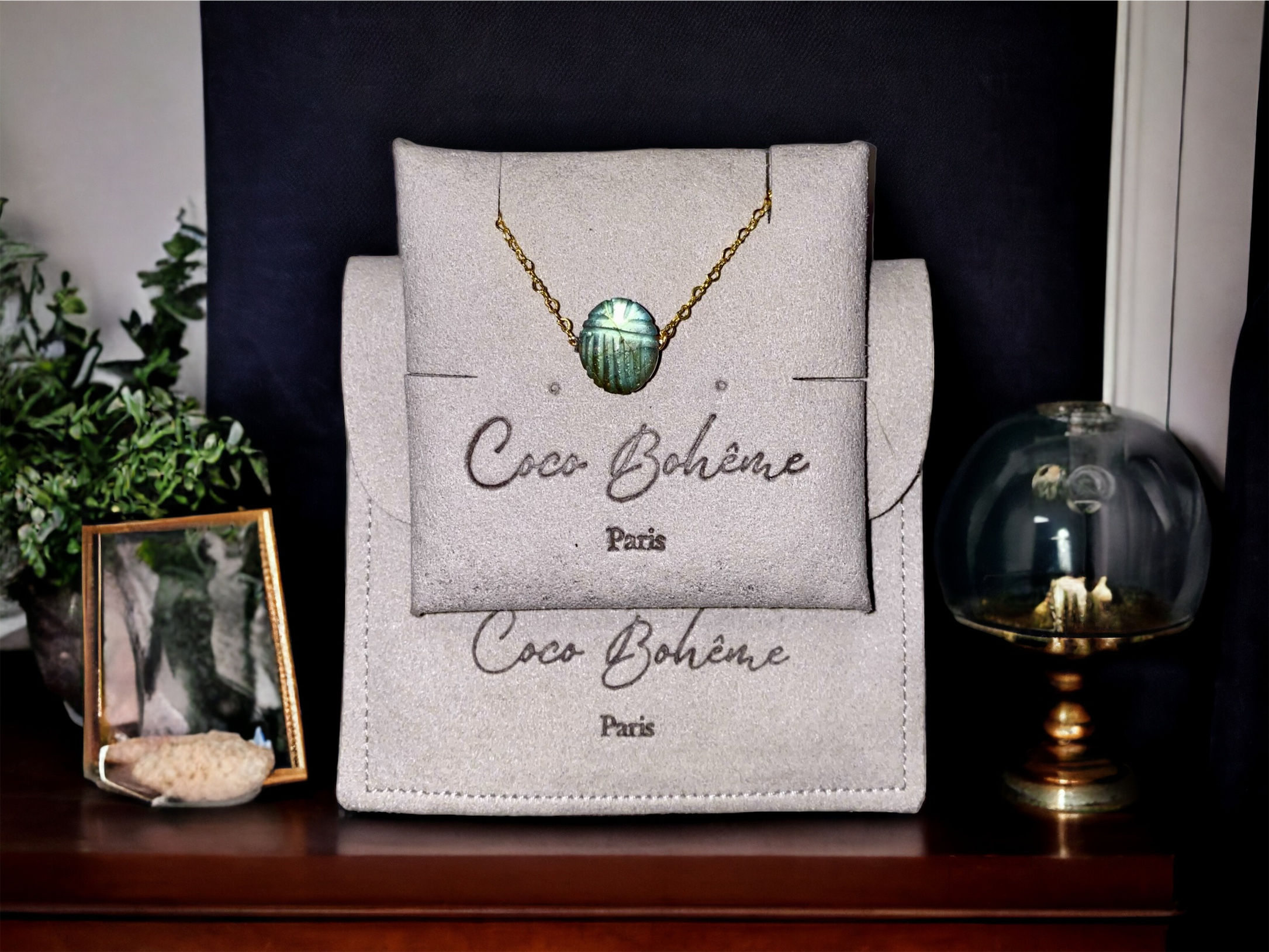 Collier "Scarabée" Pierre sur Chaine Plaqué Or