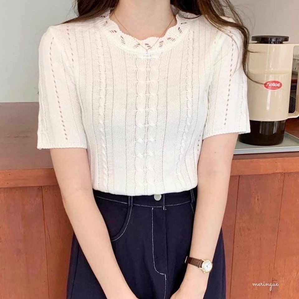 縮圖：[現貨IVORY] 扭結通花針織TOP (5色)