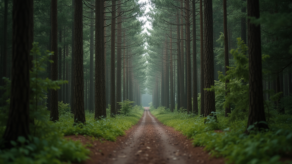 Eye-level view of a quiet forest path surrounded by tall trees