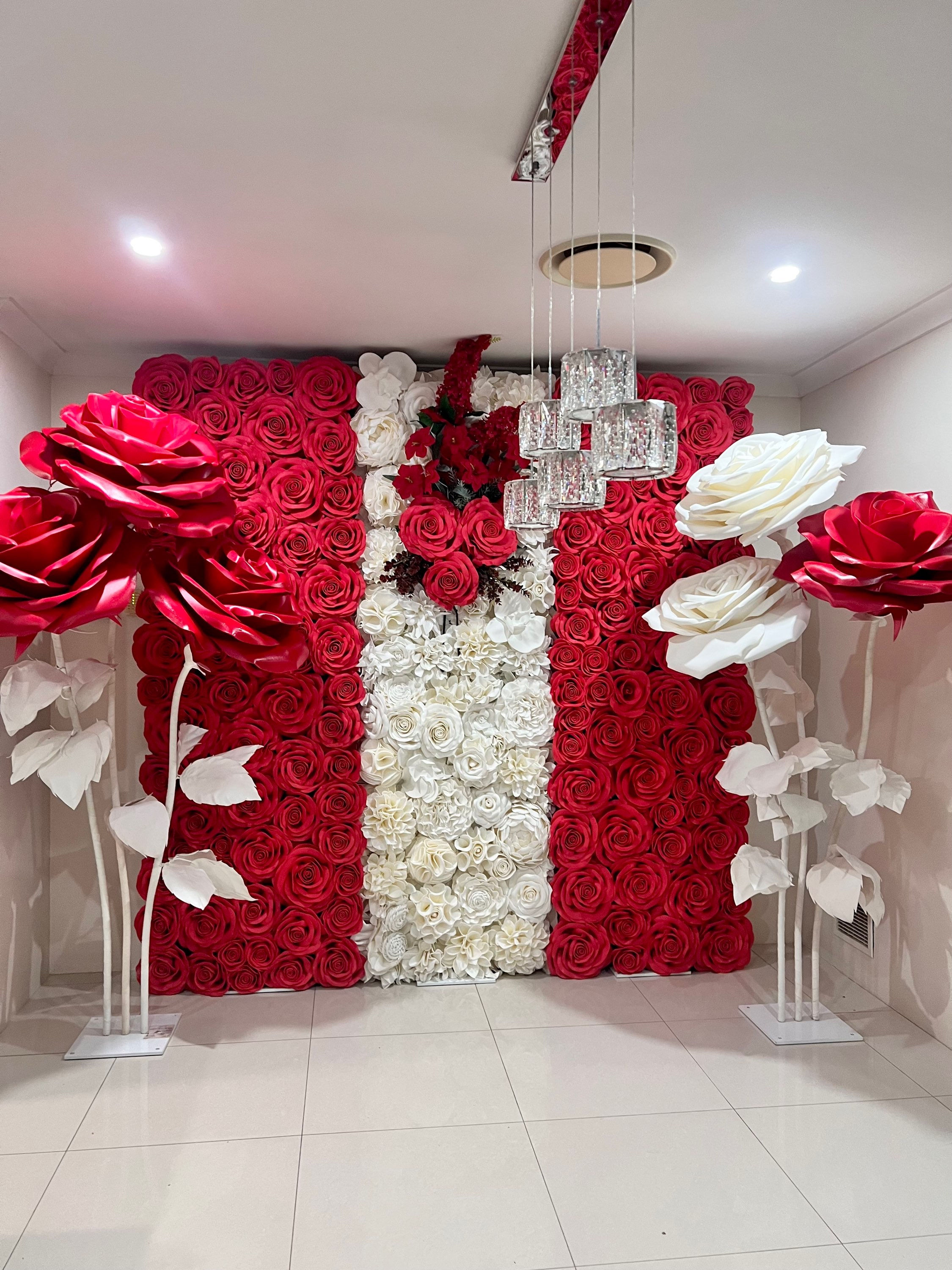 "Red Roses in Bloom" flower wall