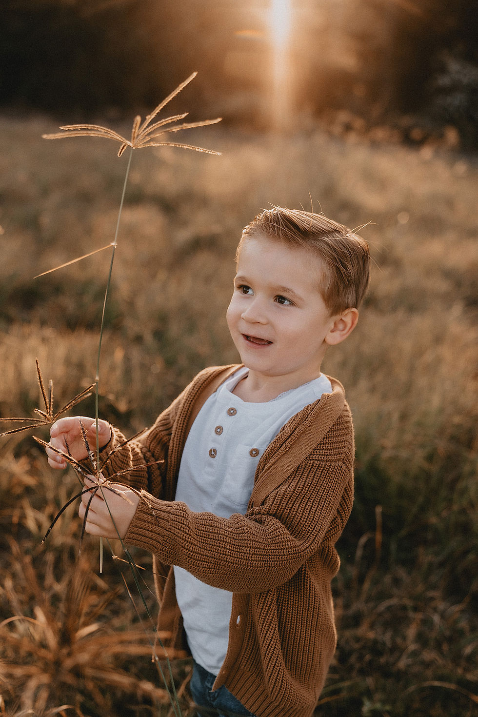 Boy standing in a field in a white top and brown knitted jumper holding long grass