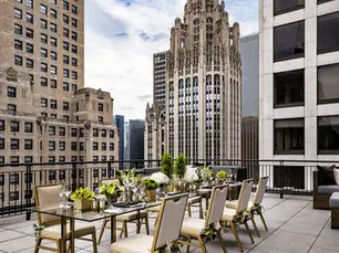 outdoor terrace surrounded by historical tall buildings in Chicago