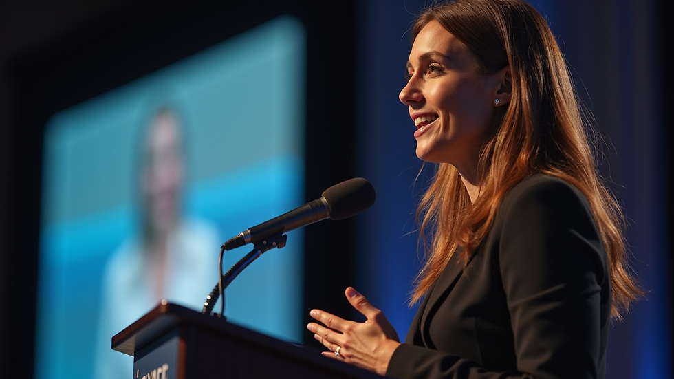 Close-up view of a woman speaker presenting at a leadership conference