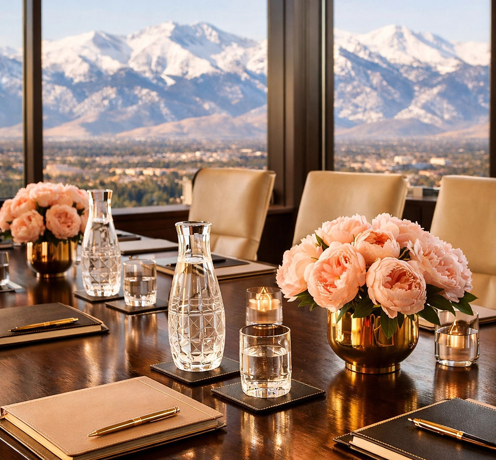 Luxury conference room in Denver with mountain views, hosting an elite women's leadership summit.