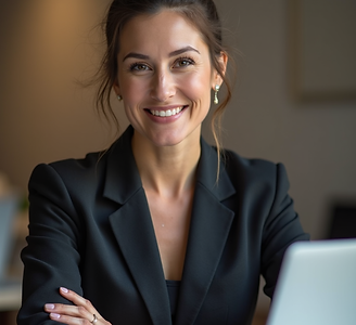 A focused portrait of an accomplished woman leader, exuding confidence and strategic insig