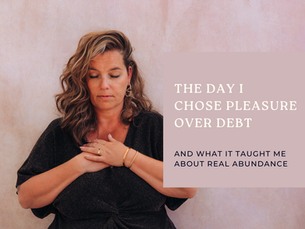 A woman with her eyes closed, gently holding her hands over her heart, conveying a sense of calm, reflection, and inner peace. The image includes the text: “The day I chose pleasure over debt and what it taught me about real abundance.