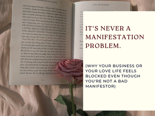 Aesthetic image of an open book and pink rose with quote about business and love life manifestation.