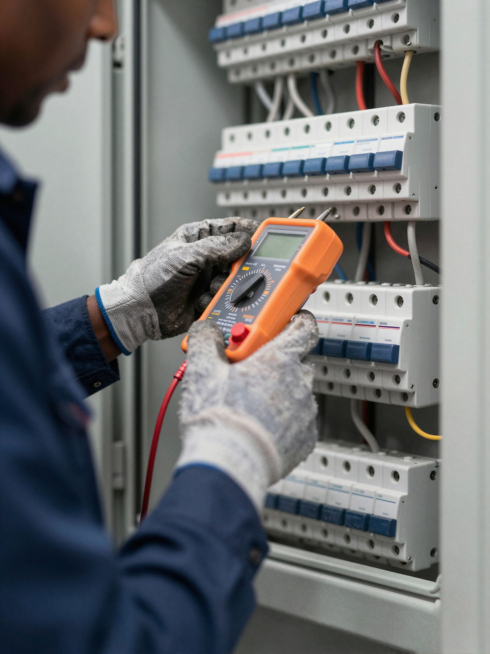 Électricien à Nice testant un tableau électrique au multimètre