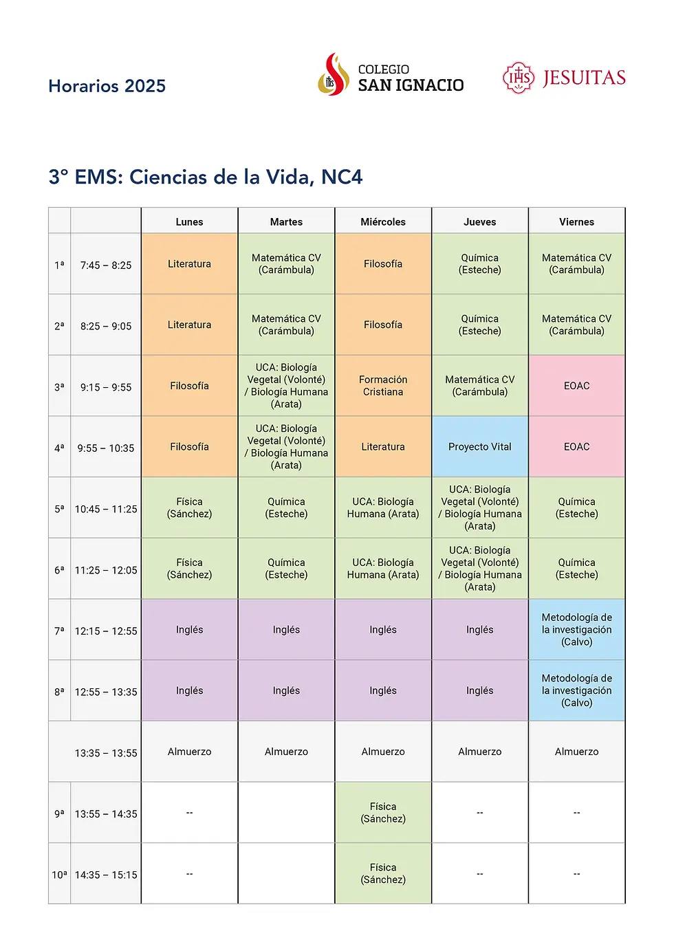 Horarios de 3º EMS Ciencias de la Vida