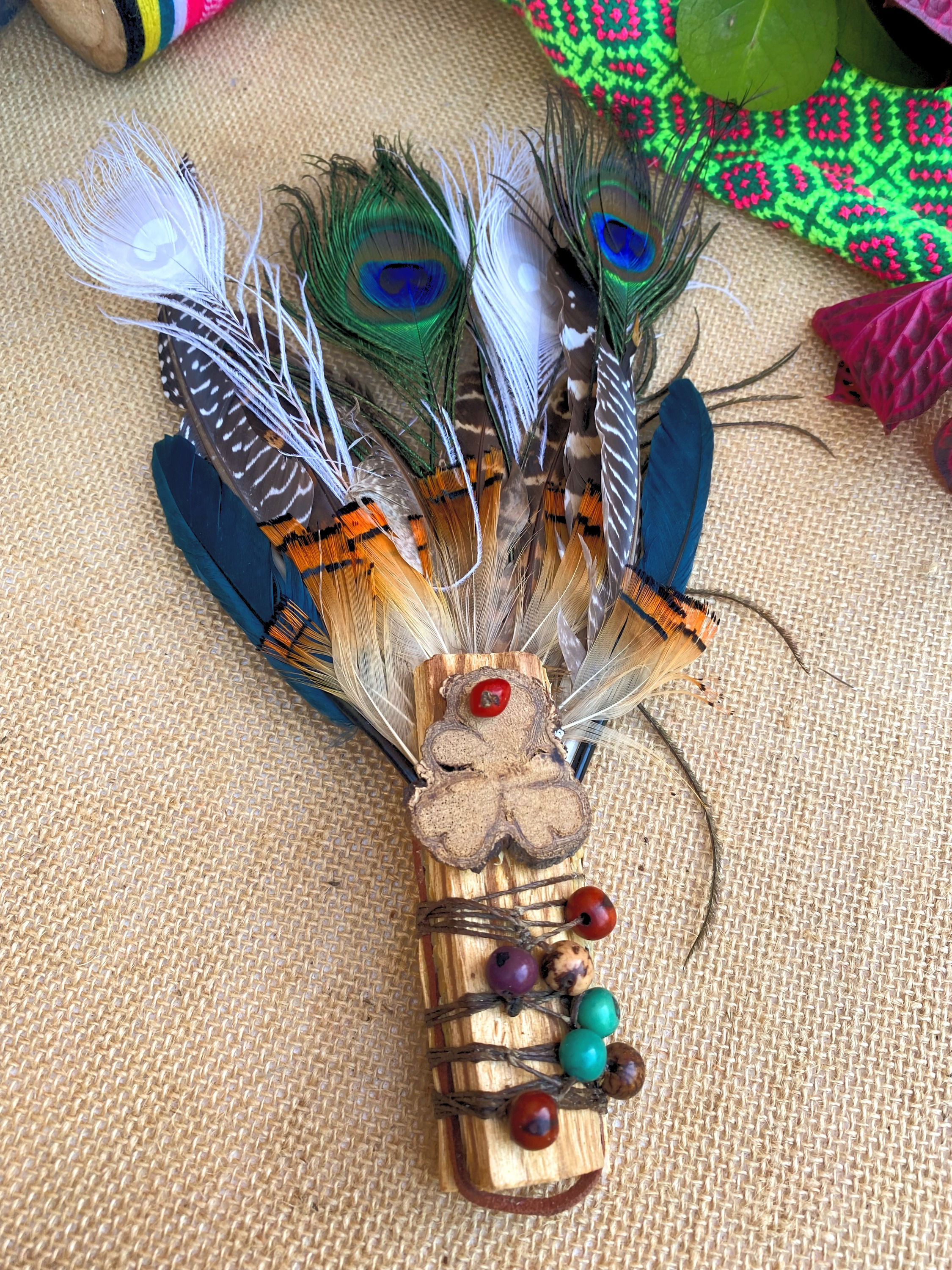 Palo Santo - Aya Mixed Exotic Feathers Smudging Wand Fan