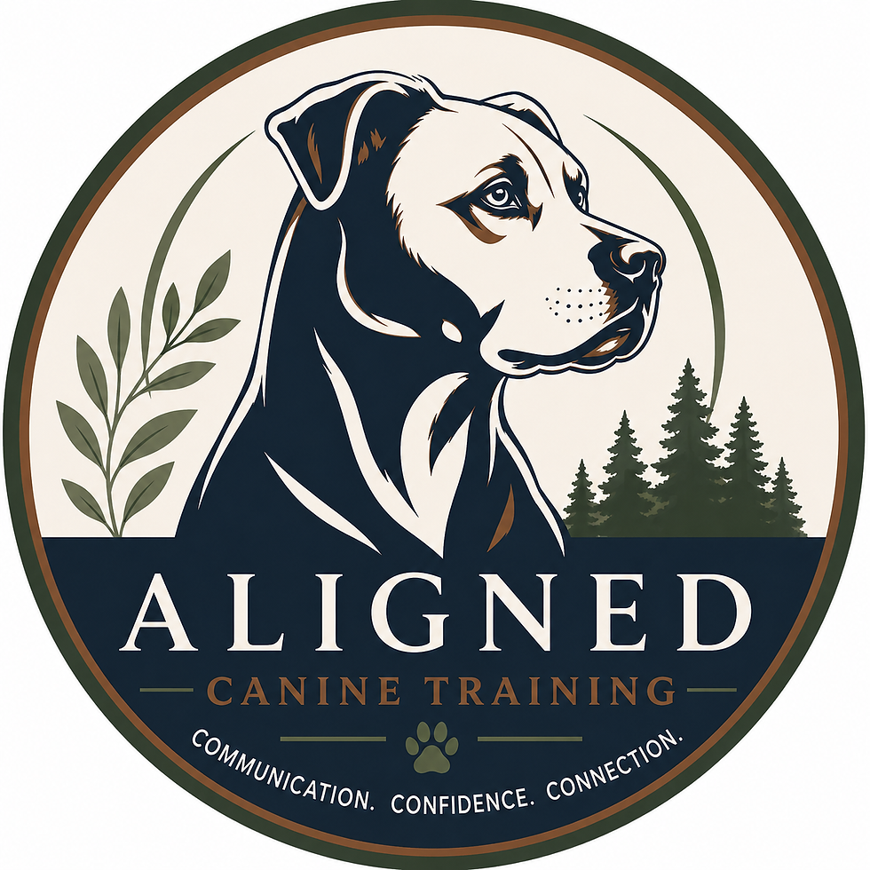 Round logo for Aligned Canine Training featuring an illustrated dog