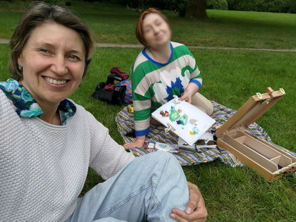 New plein-air in the forest with ancient trees and rhododendrons