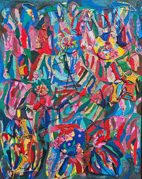 Anna Guerra
Festa da Padroeira
2023
Acrílica, óleo, tecido de algodão, cola e cera
de abelha sobre tela
180 x 140 cm