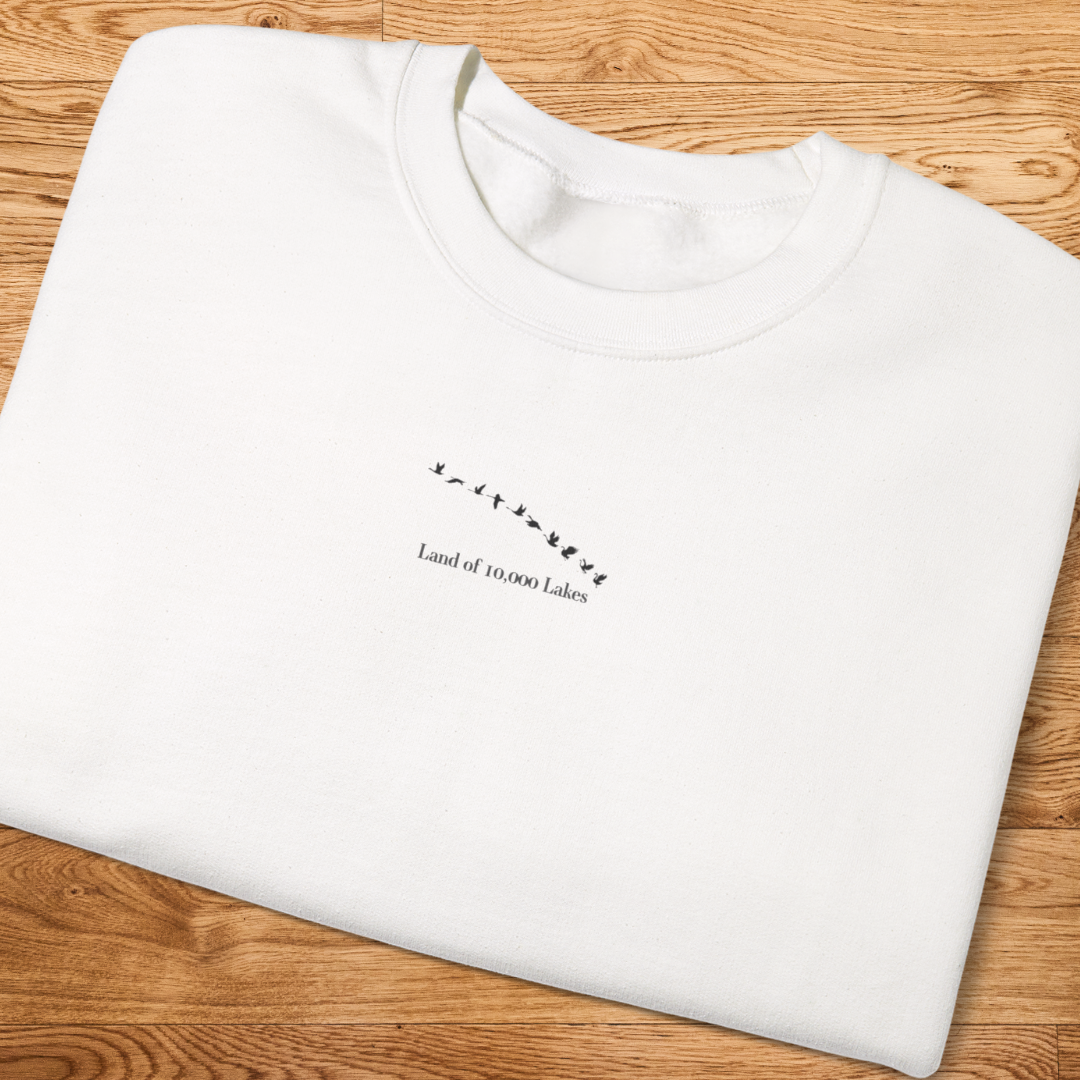 Land of 10,000 Lakes Crewneck Sweatshirt, Minimalist Birds Flying 