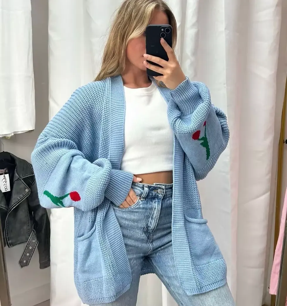 Thumbnail: Cherry Print Balloon Sleeve Chunky Knit Cardigan