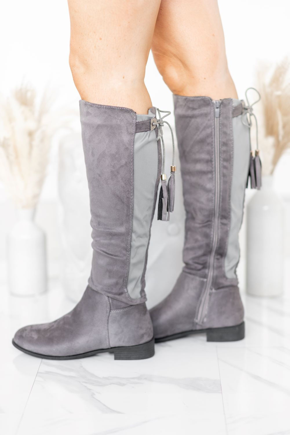 Over The Knee Zip Stretch Boots - Grey