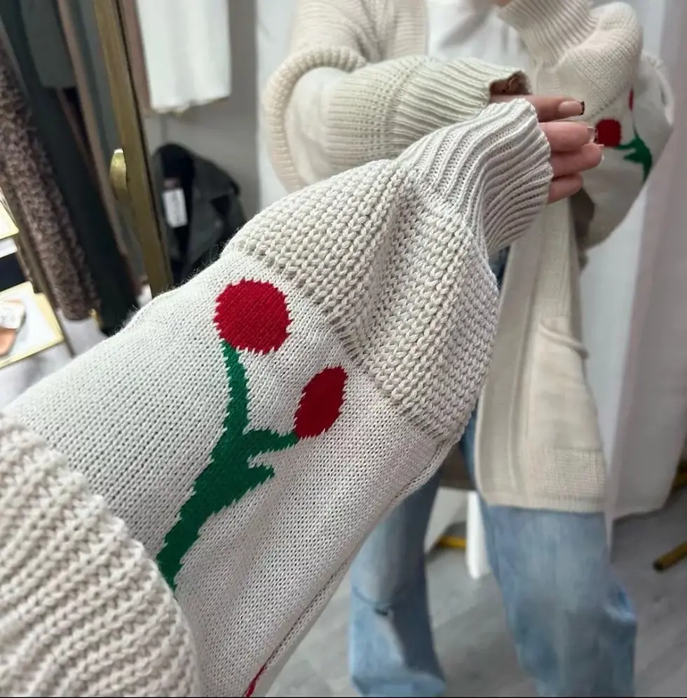 Thumbnail: Cherry Print Balloon Sleeve Chunky Knit Cardigan