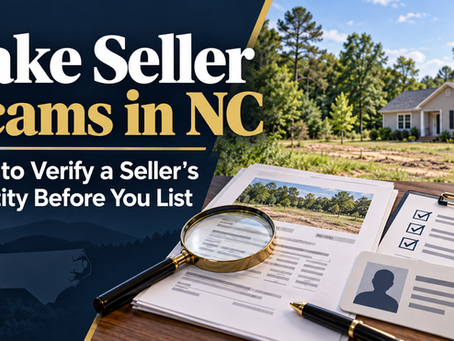 North Carolina home with property records, a photo ID, and a checklist representing seller identity verification.