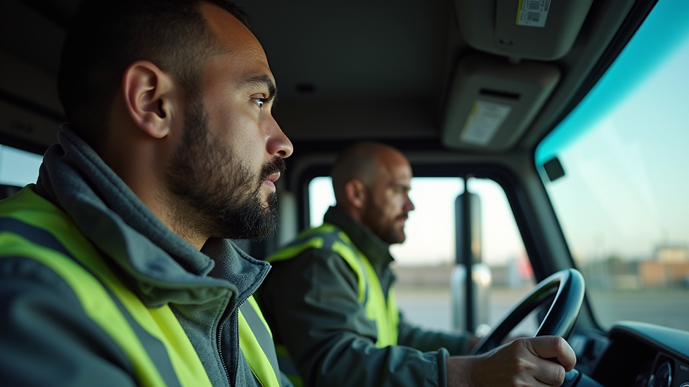Eye-level view of a driving instructor teaching a student in a heavy vehicle
