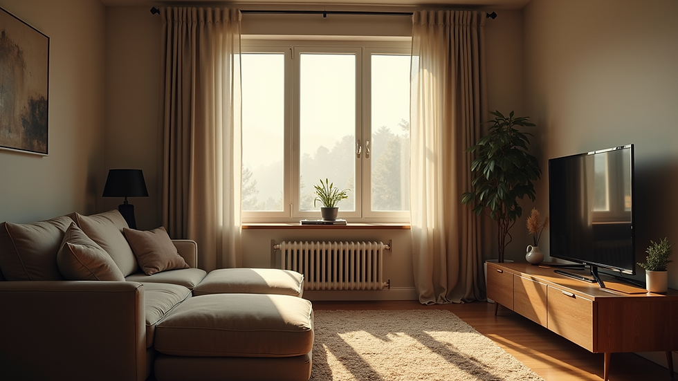 Eye-level view of a cozy living room with tinted windows