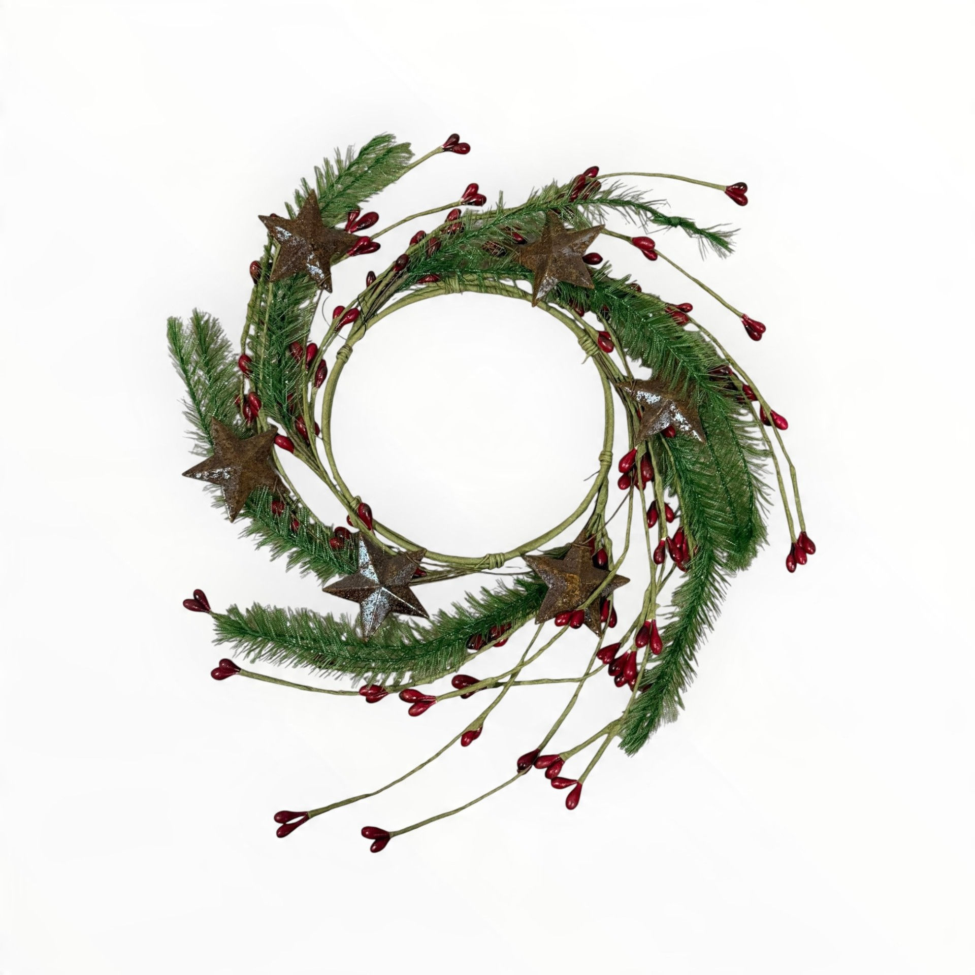 3.5” Christmas Rusty Stars Greenery Red Pip Candle Ring