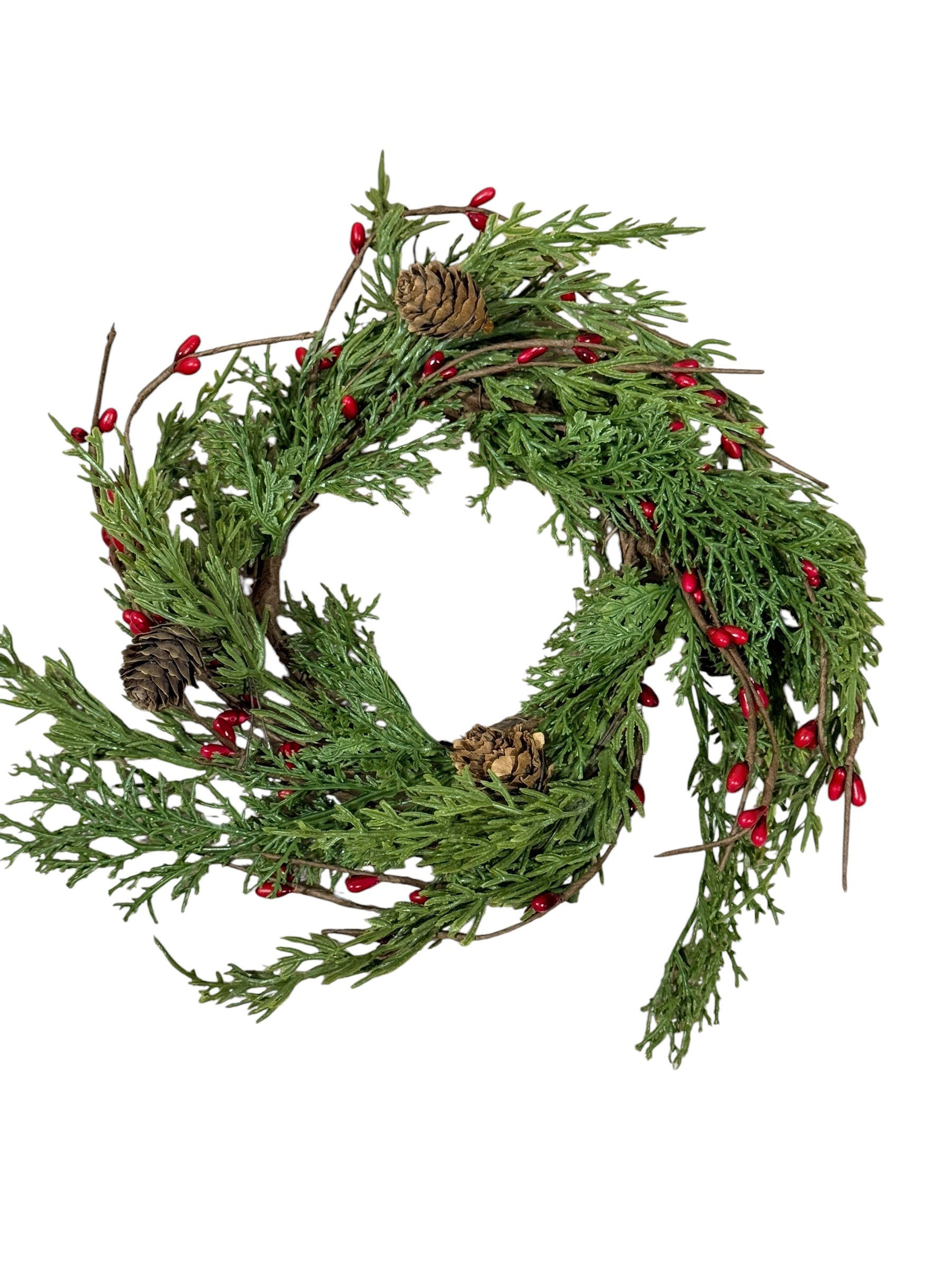 Red Pip Berries Pine Christmas 4” Candle Ring