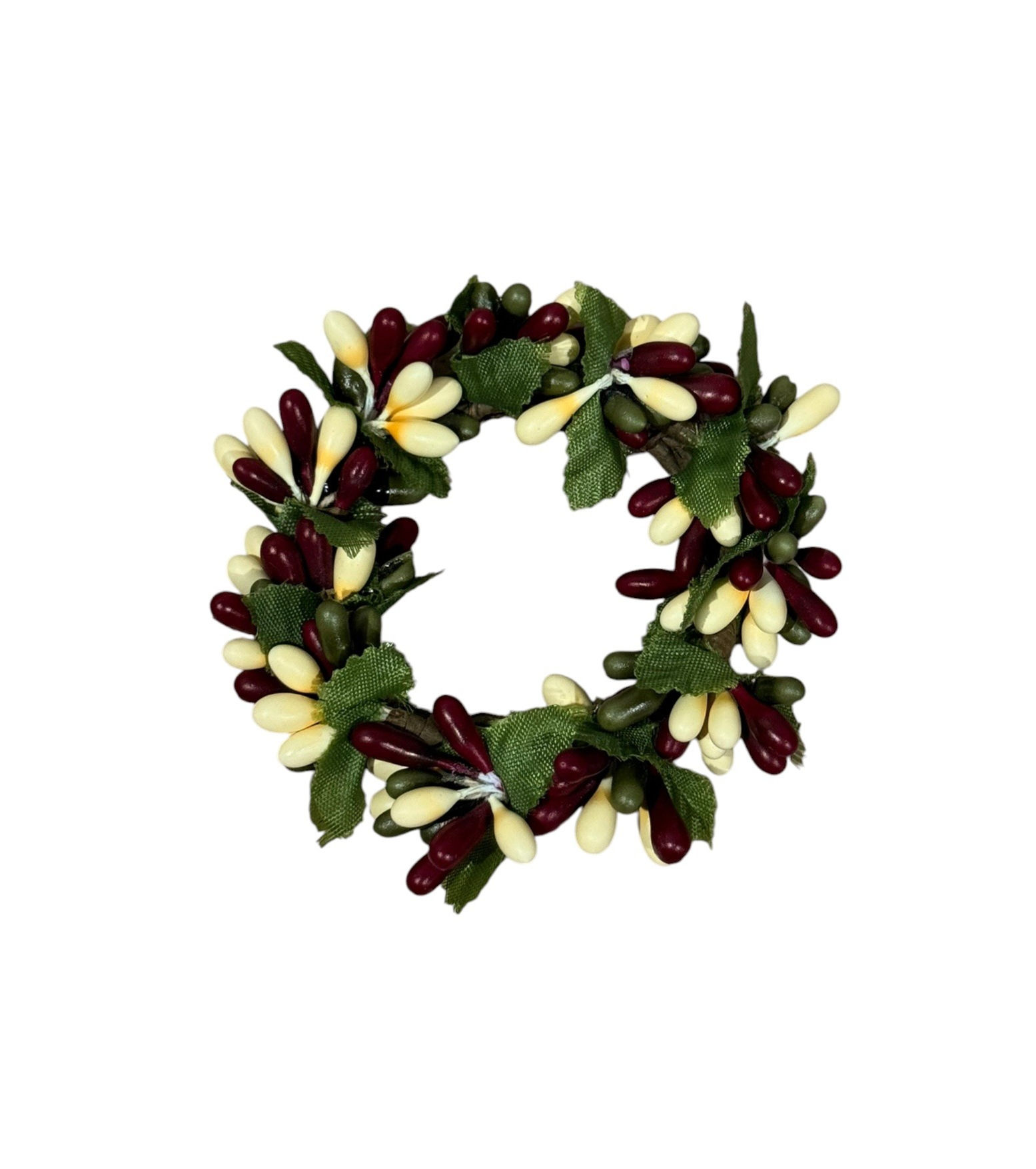 1.5" Cream Burgundy Green Greenery Pip Berry Candle Ring Wreath