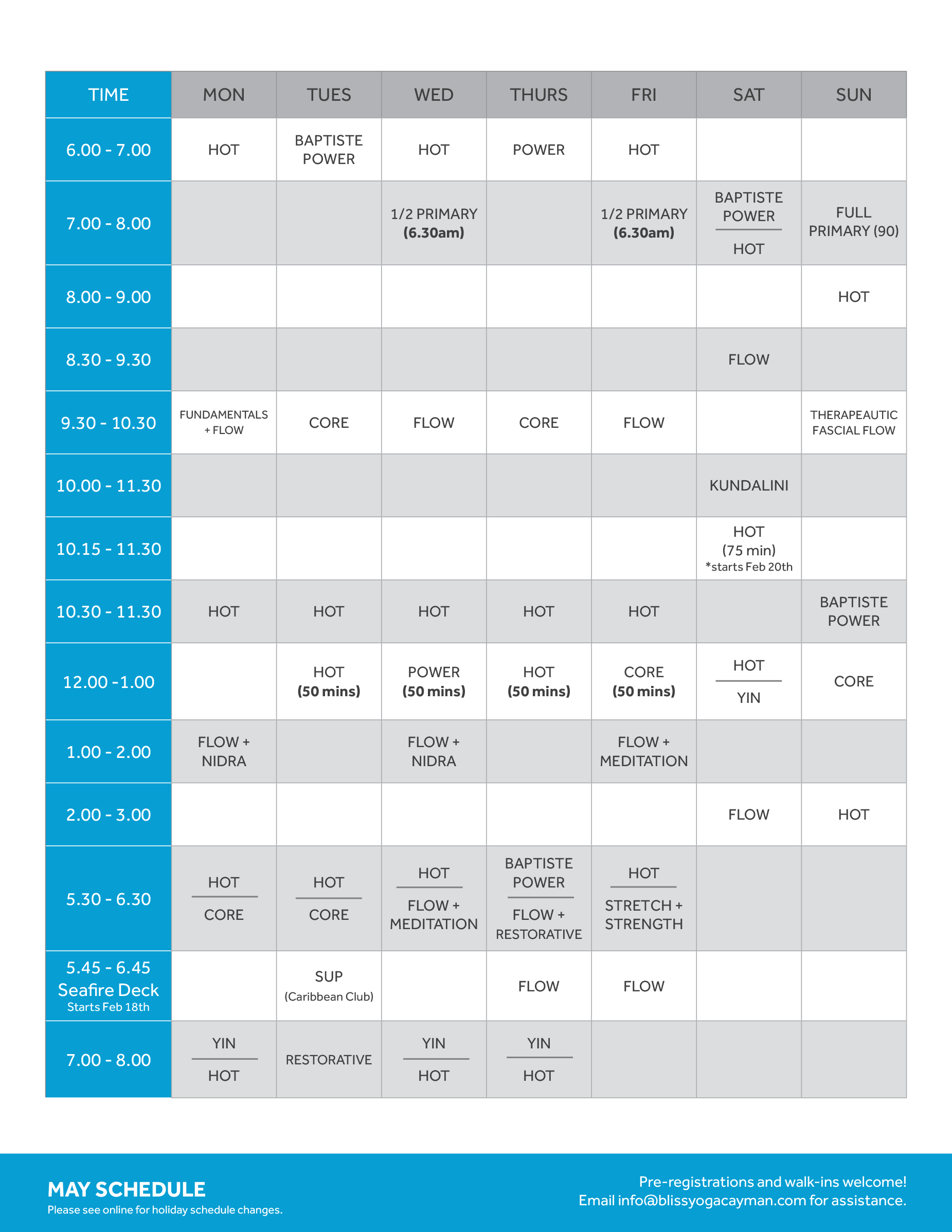 Bliss Class Yoga Schedule