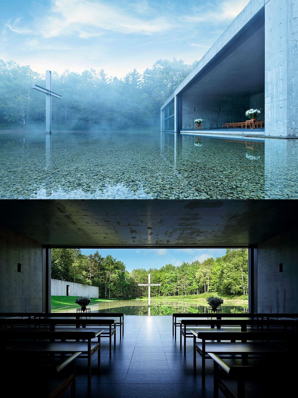 Eglise flottante sur l'eau Tadao Ando architecte japonais inspiré par l'esprit zen et le style wabi sabi minimaliste