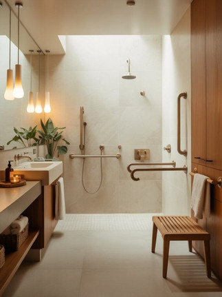 Douche italienne adaptée fauteuil roulant PMR style minimaliste par un architecte d'intérieur